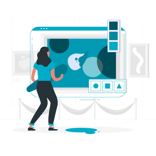 Illustrazione di una donna che compone forme e colori su un grande schermo: come usare il Visual Thinking in azienda