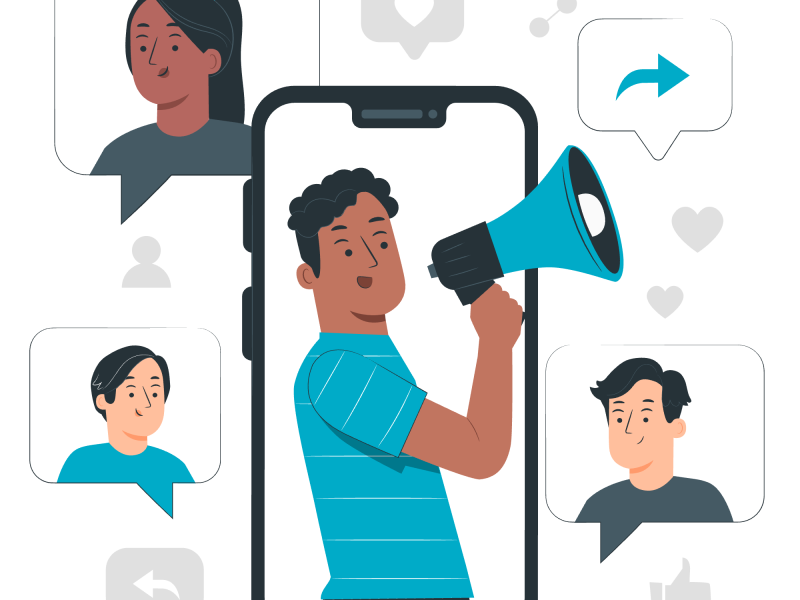 Illustrazione di una persona che parla al megafono da uno smartphone, tra persone che ascoltano