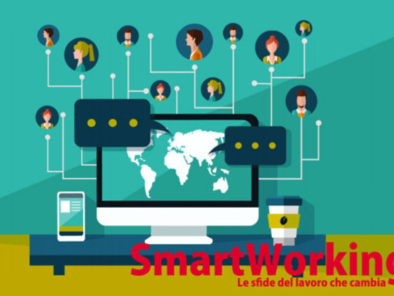 Grafica del seminario Smart working, la sfida del lavoro che cambia, con un mappamondo e persone connesse