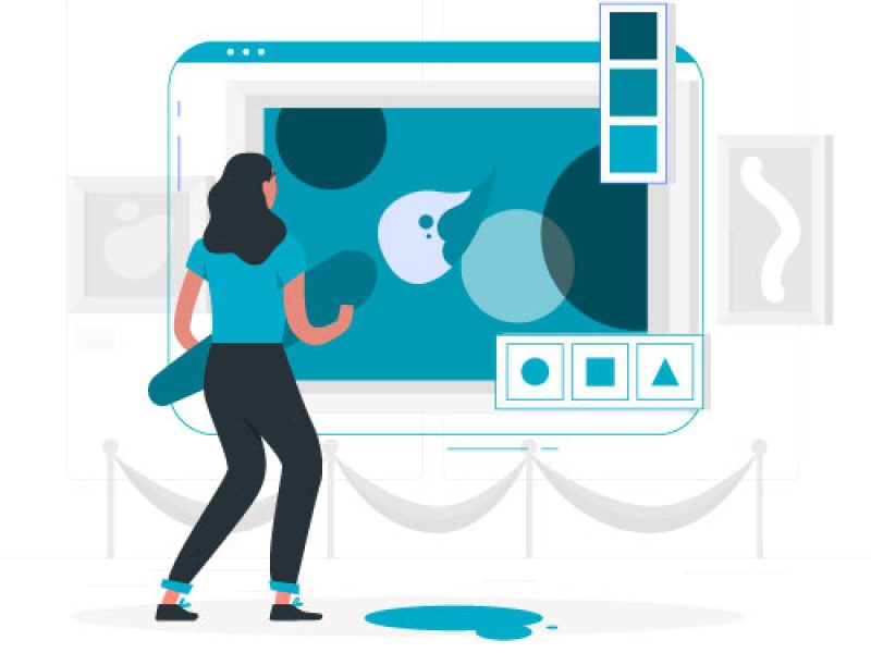 Illustrazione di una donna che compone forme e colori su un grande schermo: come usare il Visual Thinking in azienda