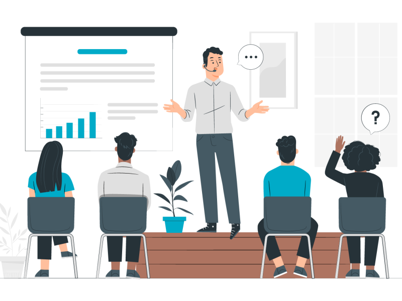 Illustrazione di un formatore davanti a una lavagna e a un gruppo seduto: formazione su Design Thinking e AI
