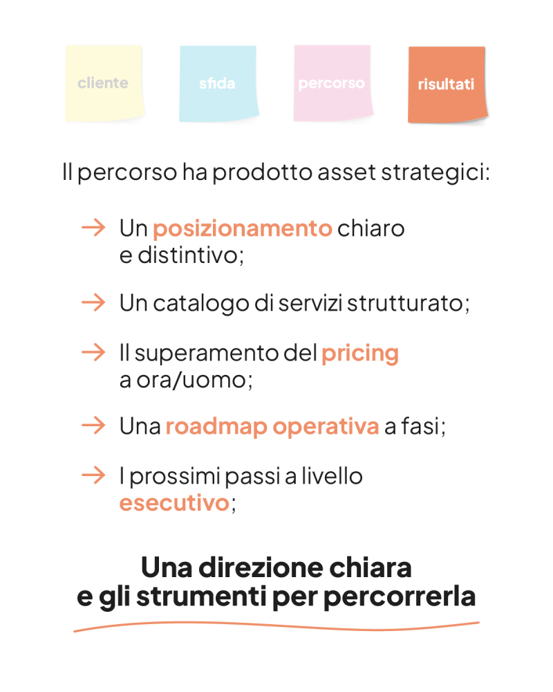 Risultati del progetto Valemour: posizionamento distintivo, catalogo di servizi, pricing oltre l'ora/uomo e roadmap operativa